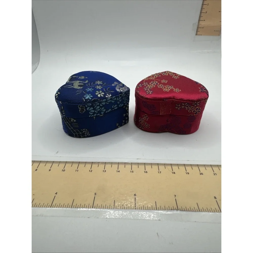 Set Of 2 Asian Ring Jewelry Box Compact Fabric Floral Portable - Heart Shaped